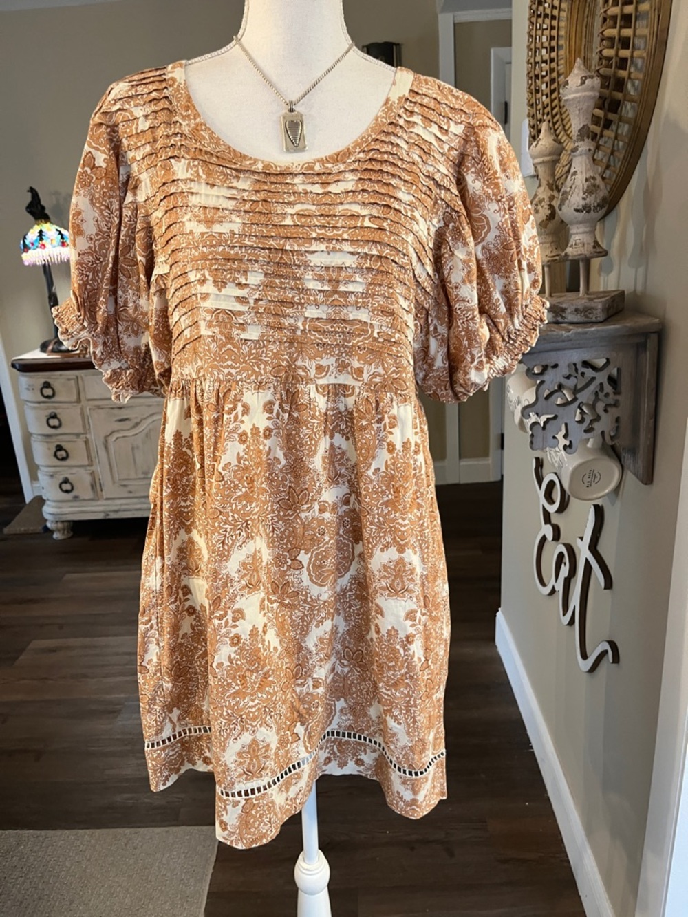 Moon River Tan and Cream Paisley Mini Dress